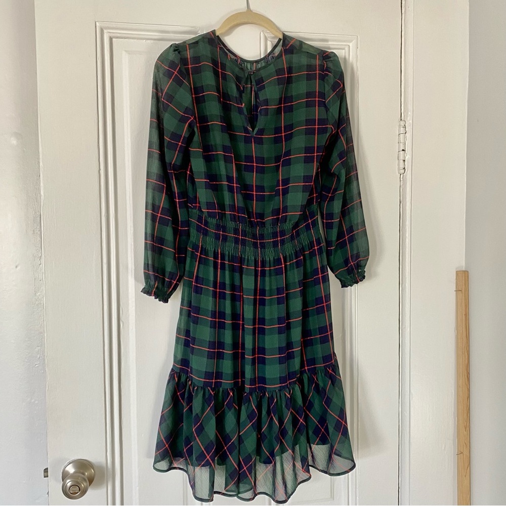 JCrew cinched waist red & green plaid chiffon dress - Perfect holidays cheer!
